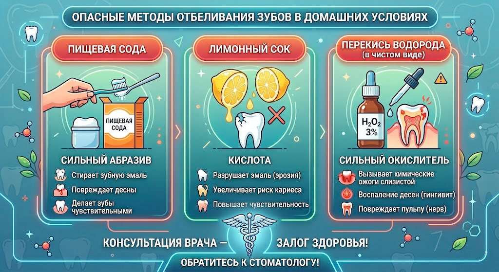Опасные методы отбеливания зубов дома